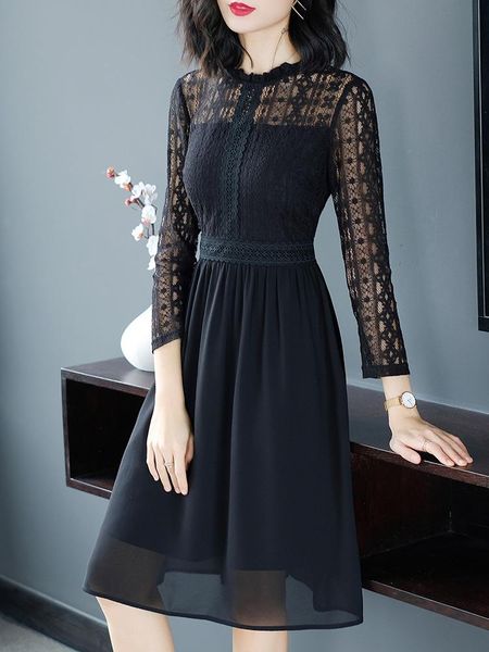 casual dresses vintage black lace dress 2021 spring women's mid-length slim temperament chiffon fairy elegant party, Black;gray
casual dresses vintage black lace dress 2021 spring women's mid-length slim temperament chiffon fairy elegant party, Black;gray