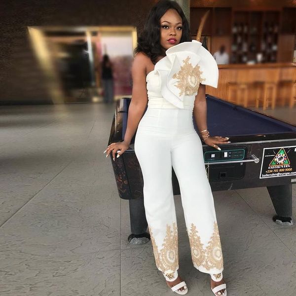 white jumpsuit prom dresses with gold appliques strapless ruffles ankle length satin outfit africa formal wear, Black
white jumpsuit prom dresses with gold appliques strapless ruffles ankle length satin outfit africa formal wear, Black