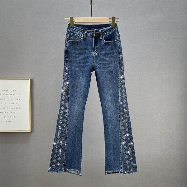 women's jeans cropped for women 2022 spring stretchy high waist jean denim drilling wide leg bootcut trousers woman pants, Blue 
women's jeans cropped for women 2022 spring stretchy high waist jean denim drilling wide leg bootcut trousers woman pants, Blue