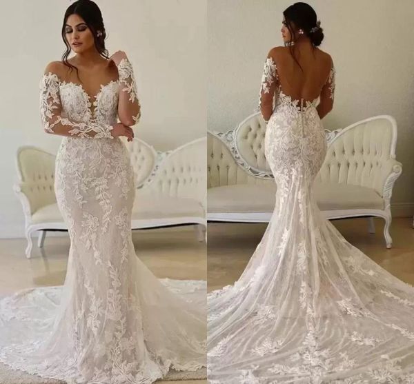 2022 lace mermaid wedding dresses scoop neck applique sweep train backless covered buttons custom made beach wedding gown vestido de novia, White
2022 lace mermaid wedding dresses scoop neck applique sweep train backless covered buttons custom made beach wedding gown vestido de novia, White