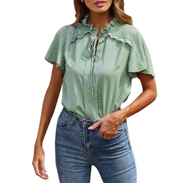 women's blouses & shirts fashion women summer loose splicing wood ear straps round polka dot shirt regular green, White 
women's blouses & shirts fashion women summer loose splicing wood ear straps round polka dot shirt regular green, White