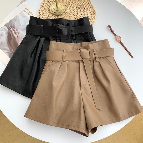 women's shorts pu leather flower bud pants autumn 2021 high-waist drape wide-leg with belt, White;black
women's shorts pu leather flower bud pants autumn 2021 high-waist drape wide-leg with belt, White;black