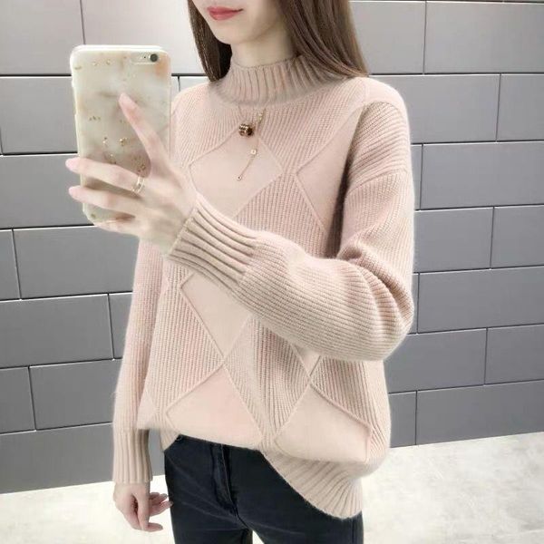 women's sweaters 2021 women autumn and winter loose diamond half high collar thicken sweater long sleeved knitted lazy pullover top, White;black
women's sweaters 2021 women autumn and winter loose diamond half high collar thicken sweater long sleeved knitted lazy pullover top, White;black