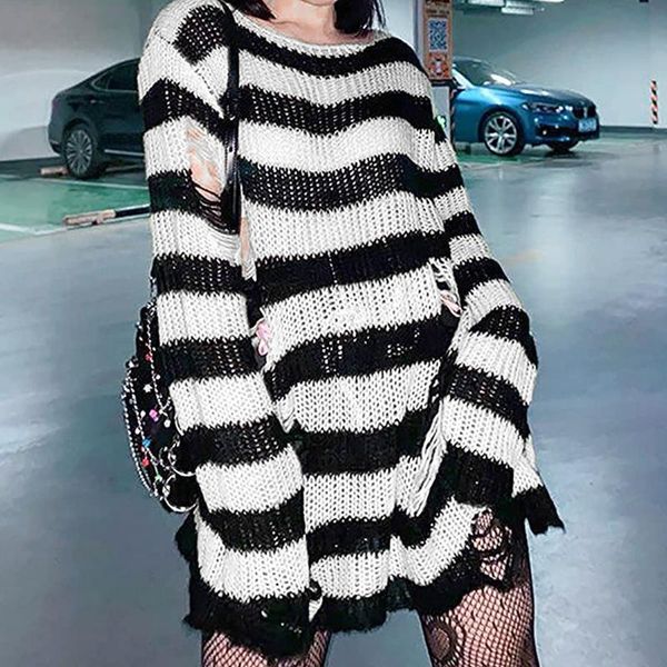 women's sweaters plus size punk gothic long sweater women pullovers striped cool hollow out hole broken jumper loose rock thin sweter, White;black
women's sweaters plus size punk gothic long sweater women pullovers striped cool hollow out hole broken jumper loose rock thin sweter, White;black