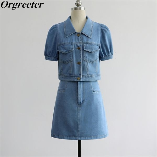 fashion denim suit female summer lapel bubble-sleeved short sleeve and high waist skirt two piece set women 210602, White
fashion denim suit female summer lapel bubble-sleeved short sleeve and high waist skirt two piece set women 210602, White