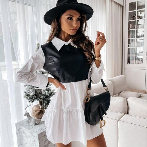 spring shirt collar long sleeve pu women's dress color matching short skirt stitching elegant ladies high street casual dresses, Black;gray
spring shirt collar long sleeve pu women's dress color matching short skirt stitching elegant ladies high street casual dresses, Black;gray