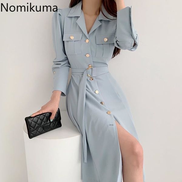 nomikuma elegant belt slim waist woman dress korean single breasted turn-down collar dresses solid fashion vestidos femme 6g606 210427, Black;gray
nomikuma elegant belt slim waist woman dress korean single breasted turn-down collar dresses solid fashion vestidos femme 6g606 210427, Black;gray