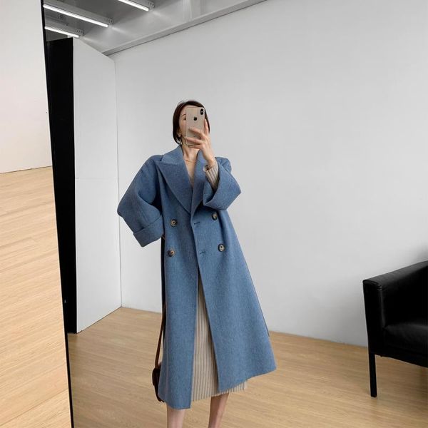 women's wool & blends haze blue double faced cashmere overcoat 2021 spring korean mid long woolen jacket, Black
women's wool & blends haze blue double faced cashmere overcoat 2021 spring korean mid long woolen jacket, Black