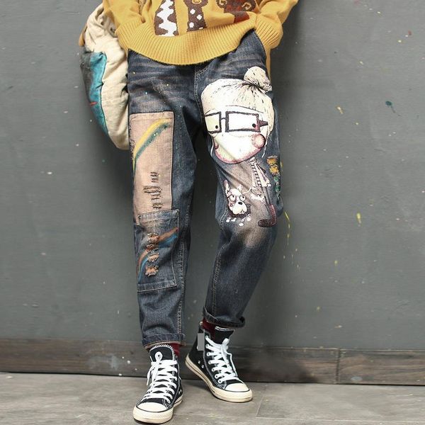 button fly spring fashion denim women jean brand vintage cartoon print casual frayed pants with pockets straight trousers, Blue
button fly spring fashion denim women jean brand vintage cartoon print casual frayed pants with pockets straight trousers, Blue