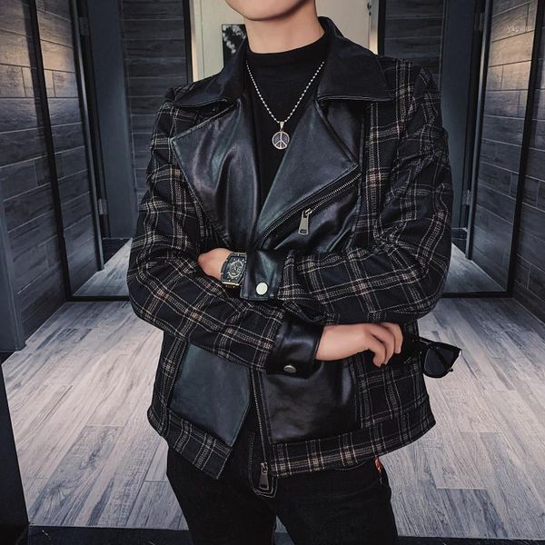 spring jacket 2021 handsome suit collar casual faux leather men's clothing lapel plaid stitching slim, Black;brown
spring jacket 2021 handsome suit collar casual faux leather men's clothing lapel plaid stitching slim, Black;brown