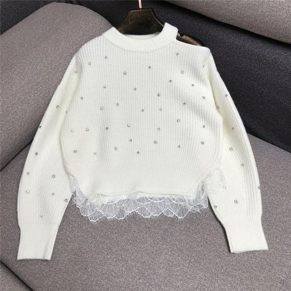 women's sweaters sweater shoulder leakage eyelash lace edging shiny diamond studded round neck pullover 1020, White;black
women's sweaters sweater shoulder leakage eyelash lace edging shiny diamond studded round neck pullover 1020, White;black