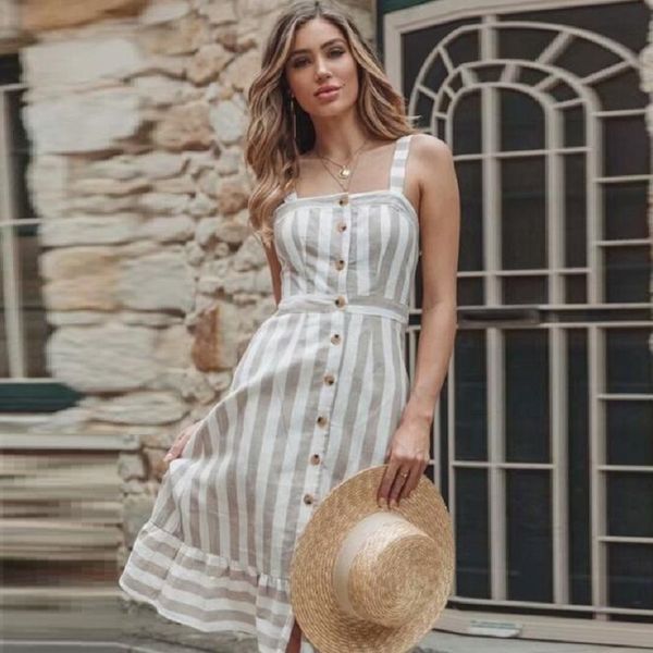 

summer dress elegant khaki striped women dresses buttons linen beach sundress backless bow midi dress female vestidos 210416, Black;gray