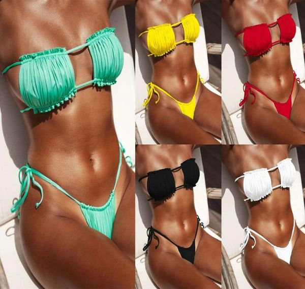 women's swimwear solid bikini pleated bandeau swimsuit female women mini thong set bather swimming beachwear for bathing suit, White;black
women's swimwear solid bikini pleated bandeau swimsuit female women mini thong set bather swimming beachwear for bathing suit, White;black
