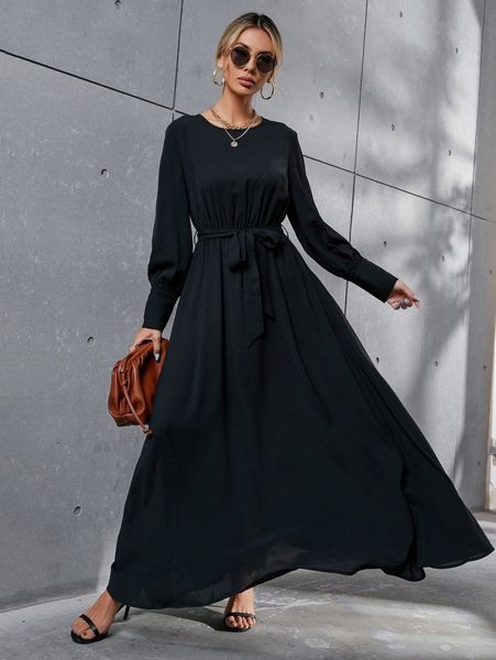 solid belted maxi dress j5xa#, Black;gray