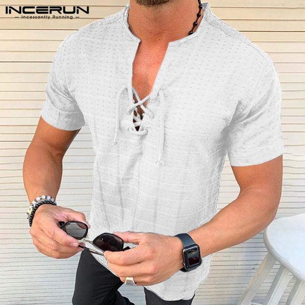 men's casual shirts 2021 men fashion streetwear shirt v neck solid short sleeve cotton slim lace up tunic masculina camisa incerun, White;black
men's casual shirts 2021 men fashion streetwear shirt v neck solid short sleeve cotton slim lace up tunic masculina camisa incerun, White;black