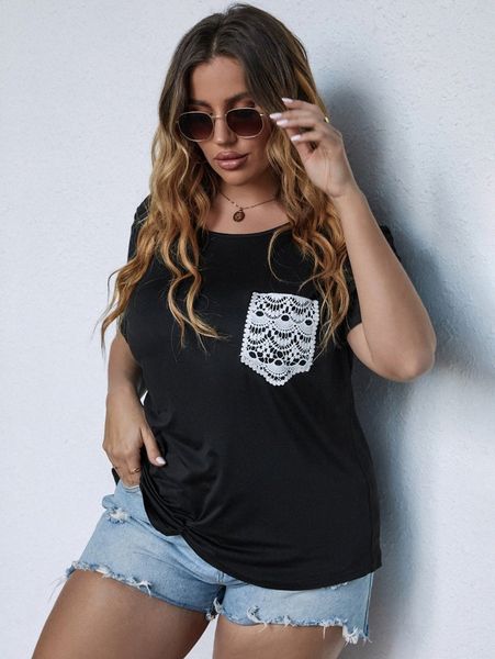 plus guipure lace panel tee 41h4#, Black