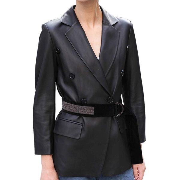 women's leather & faux real jacket women genuine sheepskin suit coats belt big pocket, Black
women's leather & faux real jacket women genuine sheepskin suit coats belt big pocket, Black