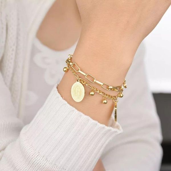 charm bracelets 2021 titanium steel fashion personality jewelry double-layer virgin mary beaded pendant thick chain women's bracelet gi, Golden;silver
charm bracelets 2021 titanium steel fashion personality jewelry double-layer virgin mary beaded pendant thick chain women's bracelet gi, Golden;silver