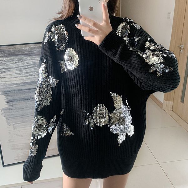 sweaters retro semi-high collar sequined flower thick knit women's lazy wind loose thin black sweater autumn and winter, White;black
sweaters retro semi-high collar sequined flower thick knit women's lazy wind loose thin black sweater autumn and winter, White;black