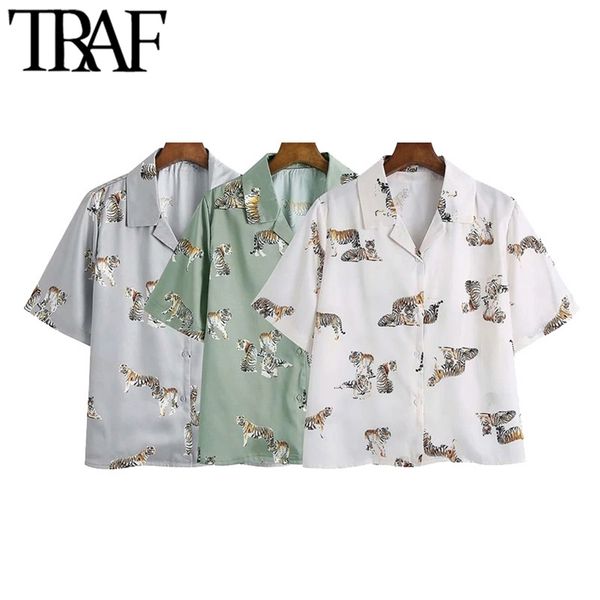 women fashion animal print soft touch blouses vintage short sleeve button-up female shirts blusas chic 210507, White
women fashion animal print soft touch blouses vintage short sleeve button-up female shirts blusas chic 210507, White