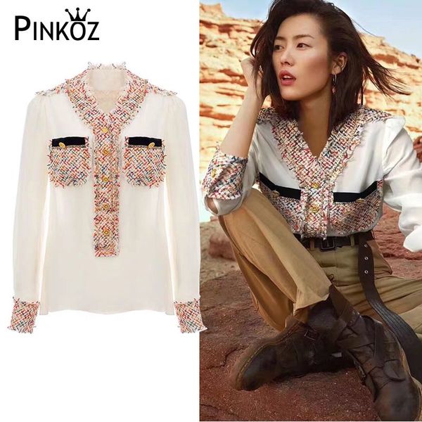 women office lady blouses crepe spring long sleeved two chest pockets patchwork tweed celebrity style blouse shirt 210421, White
women office lady blouses crepe spring long sleeved two chest pockets patchwork tweed celebrity style blouse shirt 210421, White
