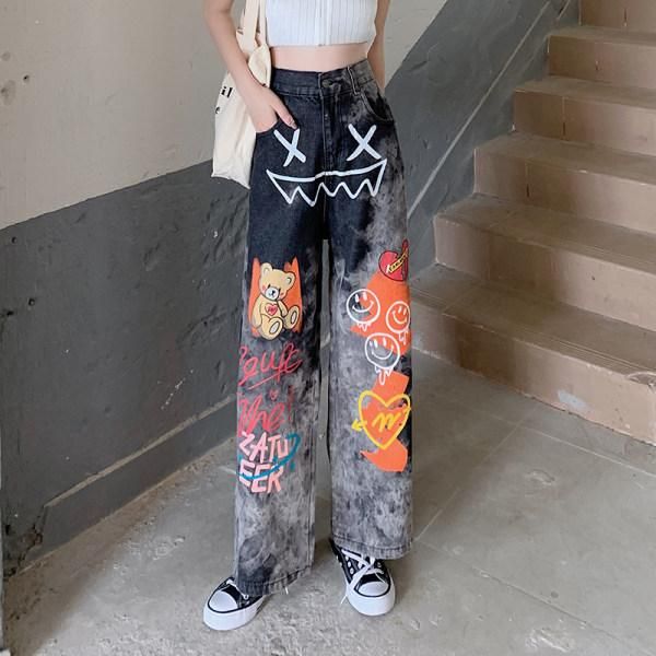 women's jeans ladies casual autumn korean street graffiti high hip hop loose old wide-leg long pants, Blue
women's jeans ladies casual autumn korean street graffiti high hip hop loose old wide-leg long pants, Blue
