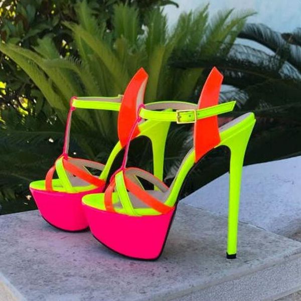 sandals stylish neon heels patchwork peep toe high platform t strap dress shoes cut-outs thin mixed colors party club shoe, Black
sandals stylish neon heels patchwork peep toe high platform t strap dress shoes cut-outs thin mixed colors party club shoe, Black