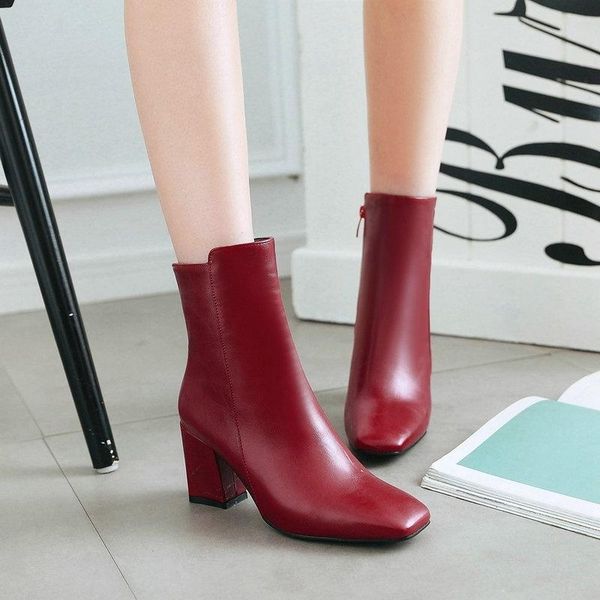 boots women's side zipper thick heel short tube leather high square head red, Black
boots women's side zipper thick heel short tube leather high square head red, Black