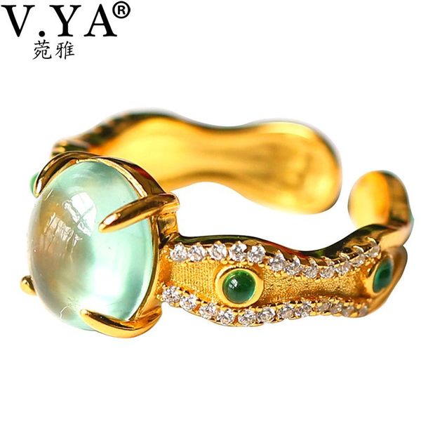v.ya 925 sterling silver gold-plated highlight luxury rings temperament jewelry open ring prehnite cluster, Golden;silver
v.ya 925 sterling silver gold-plated highlight luxury rings temperament jewelry open ring prehnite cluster, Golden;silver