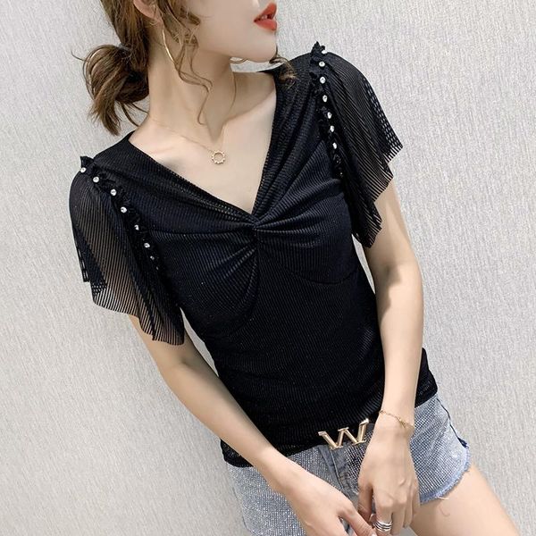 women's t-shirt summer european clothes v-neck beading drape women ropa mujer fashion ruffle sleeve stretchy tees t06217, White
women's t-shirt summer european clothes v-neck beading drape women ropa mujer fashion ruffle sleeve stretchy tees t06217, White