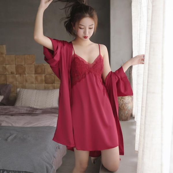 women's sleepwear 2pcs robe set women kimono bathrobe gown intimate lingerie lace patchwork short summer home dressing nightwear, Black;red
women's sleepwear 2pcs robe set women kimono bathrobe gown intimate lingerie lace patchwork short summer home dressing nightwear, Black;red