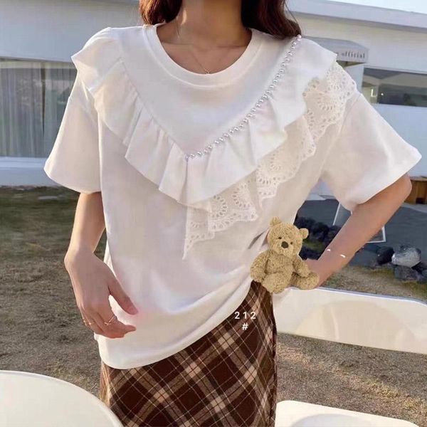 women's t-shirt lace ruffle t-shirts women summer fashion beaded decoration patchwork loose short-sleeve korean elegant female tee, White
women's t-shirt lace ruffle t-shirts women summer fashion beaded decoration patchwork loose short-sleeve korean elegant female tee, White