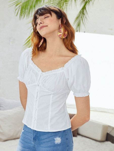 solid puff sleeve sweetheart neck frill trim blouse k3ad#, White