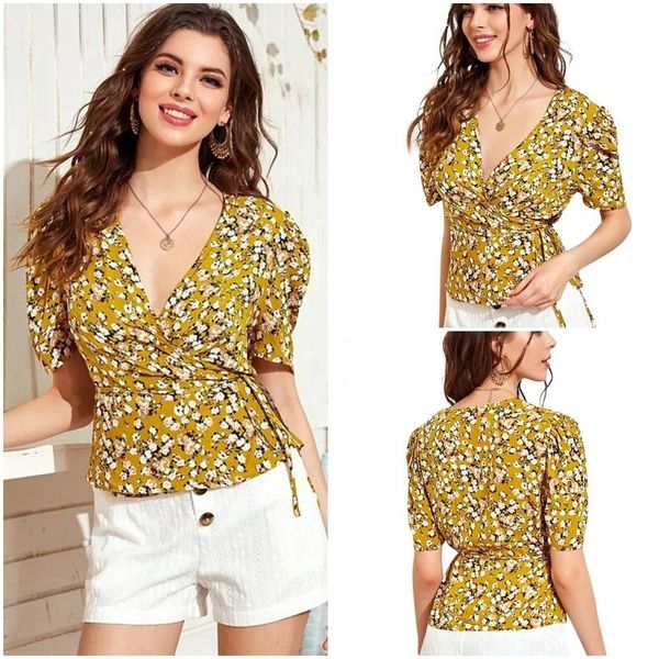 women's blouses & shirts elegant v neck print high waist bow lacing yellow floral summer women short sleeve casual beach party blouse, White
women's blouses & shirts elegant v neck print high waist bow lacing yellow floral summer women short sleeve casual beach party blouse, White