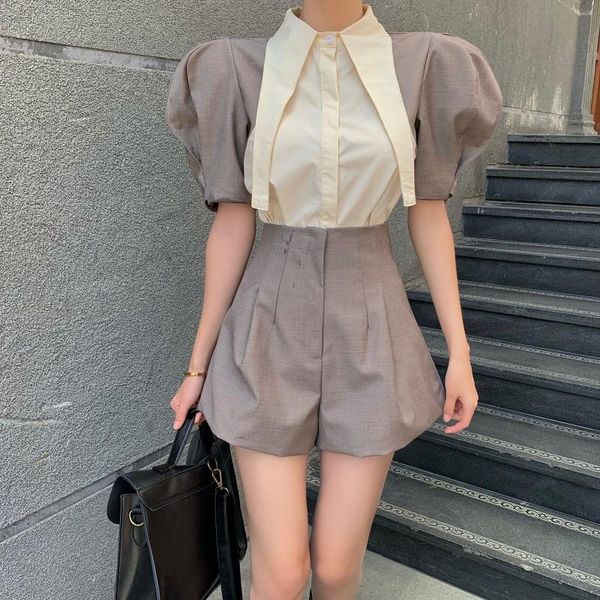 women's tracksuits two piece set office ol shorts suits women summer puff sleeve single breasted shirt blouse + high waist wide leg, Gray
women's tracksuits two piece set office ol shorts suits women summer puff sleeve single breasted shirt blouse + high waist wide leg, Gray