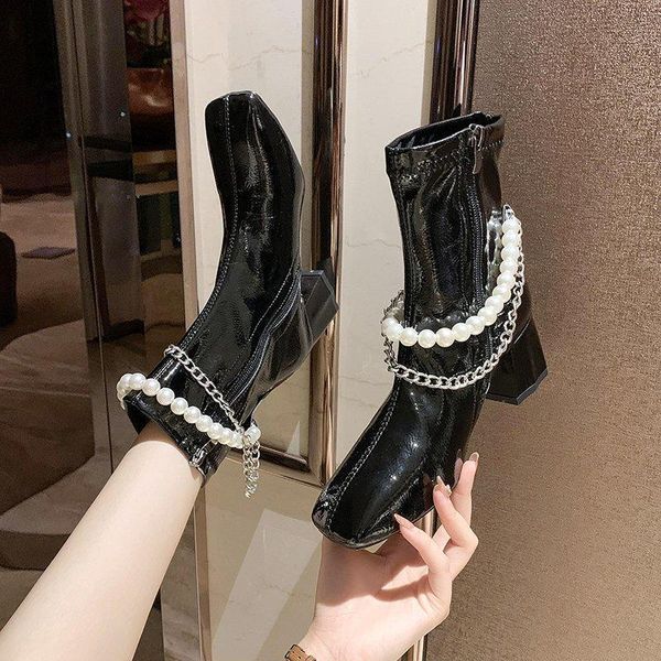 boots womens shoes female pearl metal chain ankle boot leather british retro style med heels femenino botas de mujer, Black
boots womens shoes female pearl metal chain ankle boot leather british retro style med heels femenino botas de mujer, Black
