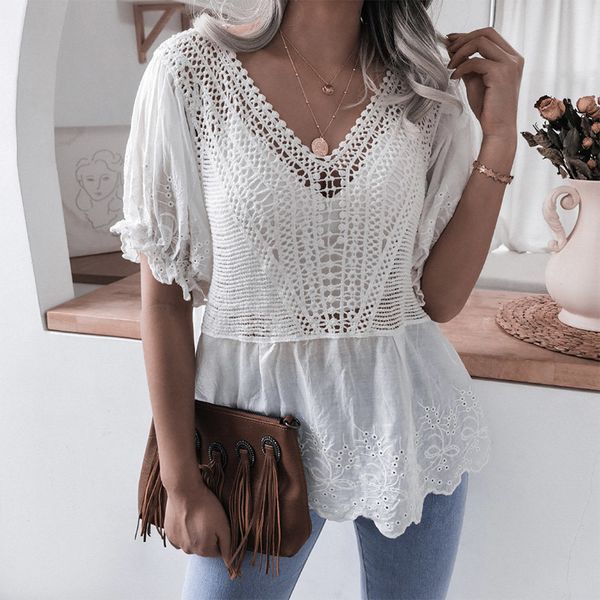 women's blouses & shirts puff short sleeve lace patchwork ruffle v-neck loose female trend summer fashion ladies blouse y84t, White
women's blouses & shirts puff short sleeve lace patchwork ruffle v-neck loose female trend summer fashion ladies blouse y84t, White