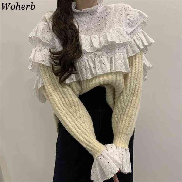 patchwork knitted sweater women stand neck hollow out pullover female sweet ruffles fake two jumper chic vintage sueter 210519, White
patchwork knitted sweater women stand neck hollow out pullover female sweet ruffles fake two jumper chic vintage sueter 210519, White