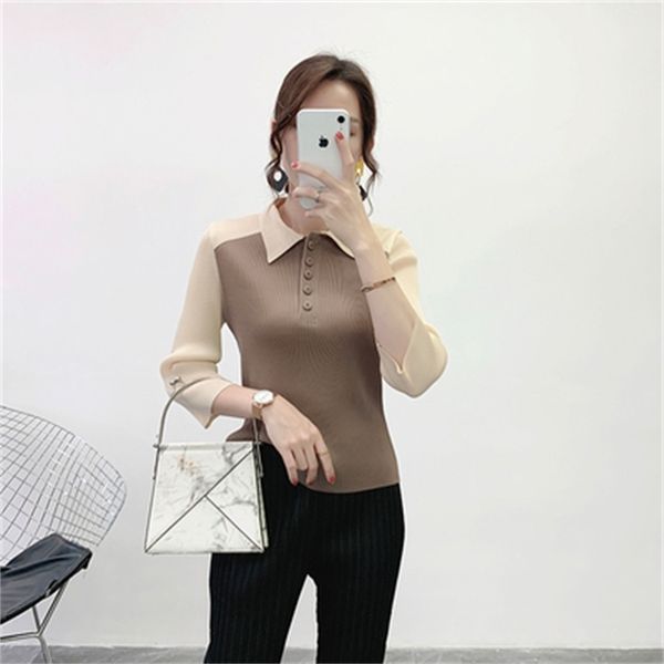 knits pleated three quarter turndown collar women's patchwork button t-shirt, White
knits pleated three quarter turndown collar women's patchwork button t-shirt, White