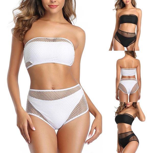 women's 4-piece mesh high waist tube bikini suit swimsuit swimwear, White;black