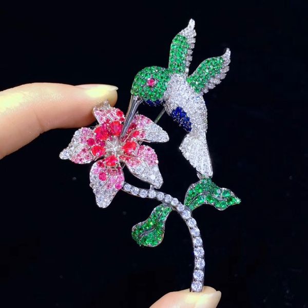 bird and flower brooch pin fine women jewelry 925 sterling silver pave stone 56*73mm, Gray 
bird and flower brooch pin fine women jewelry 925 sterling silver pave stone 56*73mm, Gray