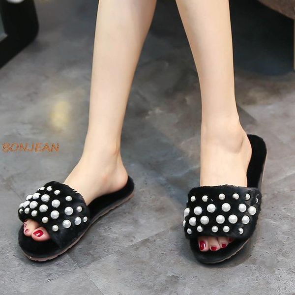 women's slippers pearl fur ladies slides soft flip flops warm winter long plush home shoes woman peep toe flat, Black
women's slippers pearl fur ladies slides soft flip flops warm winter long plush home shoes woman peep toe flat, Black