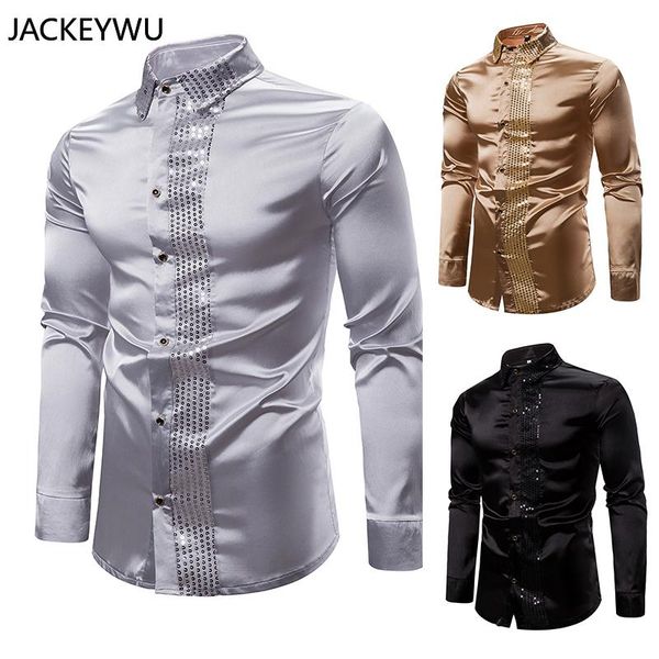 men's pants shiny gold sequin splice black silk dress shirt men long sleeve disco party casual shirts male nightclub prom 
men's pants shiny gold sequin splice black silk dress shirt men long sleeve disco party casual shirts male nightclub prom