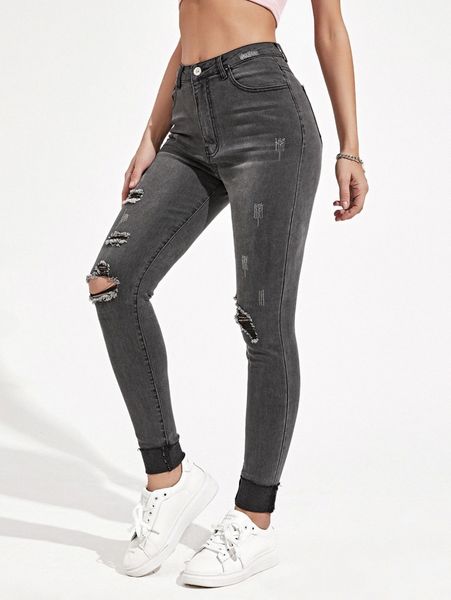 high waisted ripped cuffed hem skinny jeans u5tw#, Blue
high waisted ripped cuffed hem skinny jeans u5tw#, Blue
