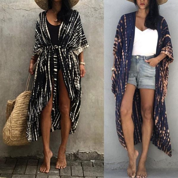 women swimsuit cover up tie-dye striped open front belted beach kimono cardigan women's swimwear, White;black
women swimsuit cover up tie-dye striped open front belted beach kimono cardigan women's swimwear, White;black