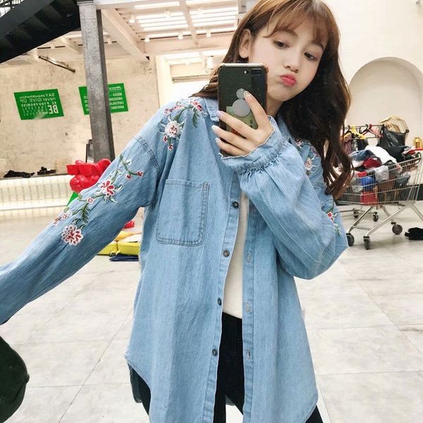 women's blouses & shirts autumn korea fashion women long sleeve loose cotton denim coat vintage floral embroidery femme v31, White
women's blouses & shirts autumn korea fashion women long sleeve loose cotton denim coat vintage floral embroidery femme v31, White