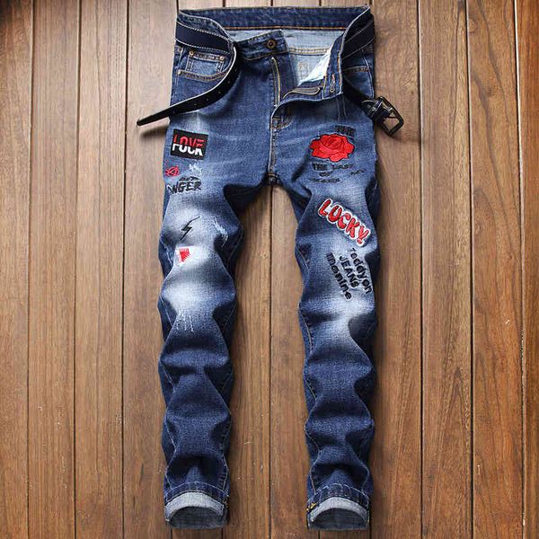 men's slim jeans elastic trend embroidered leggings, Blue