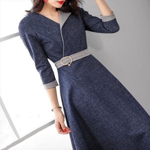 spring fashion denim womens dresses three quarter sleeve midi ol work wear a line navy blue, Black;gray
spring fashion denim womens dresses three quarter sleeve midi ol work wear a line navy blue, Black;gray