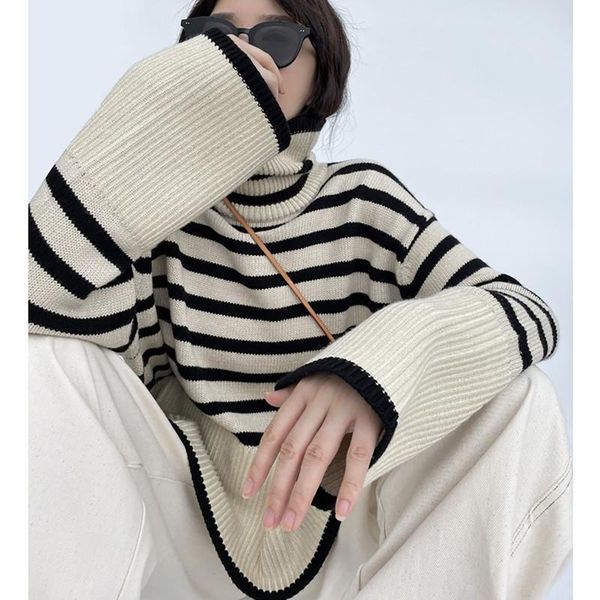 women's sweaters 2021 striped turtleneck pullover women fashion autumn winter jumper knitwear casual loose vintage oversized knitted, White;black 
women's sweaters 2021 striped turtleneck pullover women fashion autumn winter jumper knitwear casual loose vintage oversized knitted, White;black