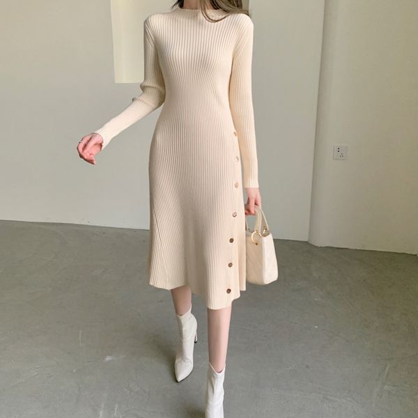 women's button long sve knitted drs, round neck sweater, tight waist, medium length, autumn and winter, White;black
women's button long sve knitted drs, round neck sweater, tight waist, medium length, autumn and winter, White;black